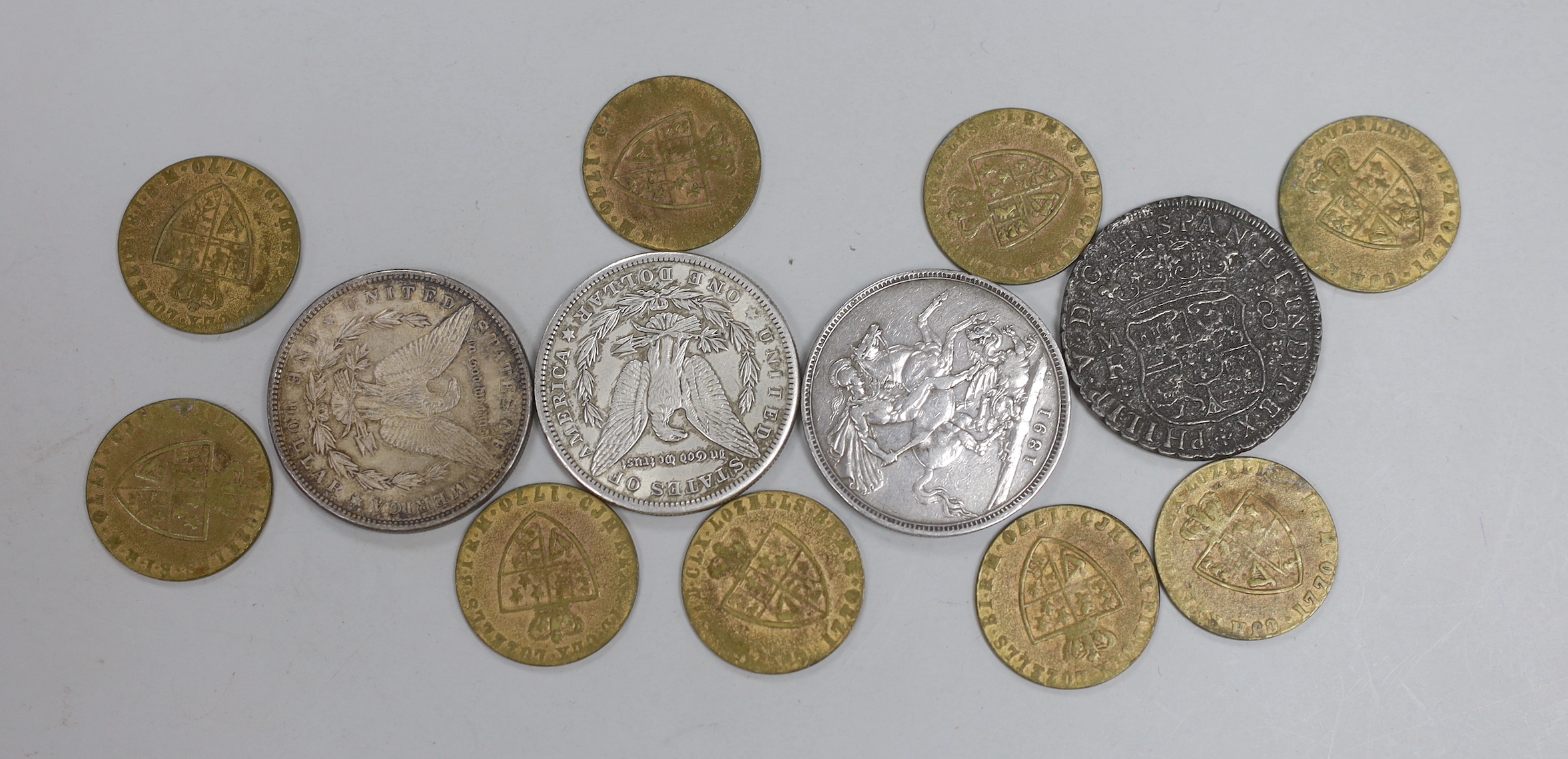 Coinage: a Victoria crown 1891 and two US Morgan dollars 1897 and 1896 dollar etc